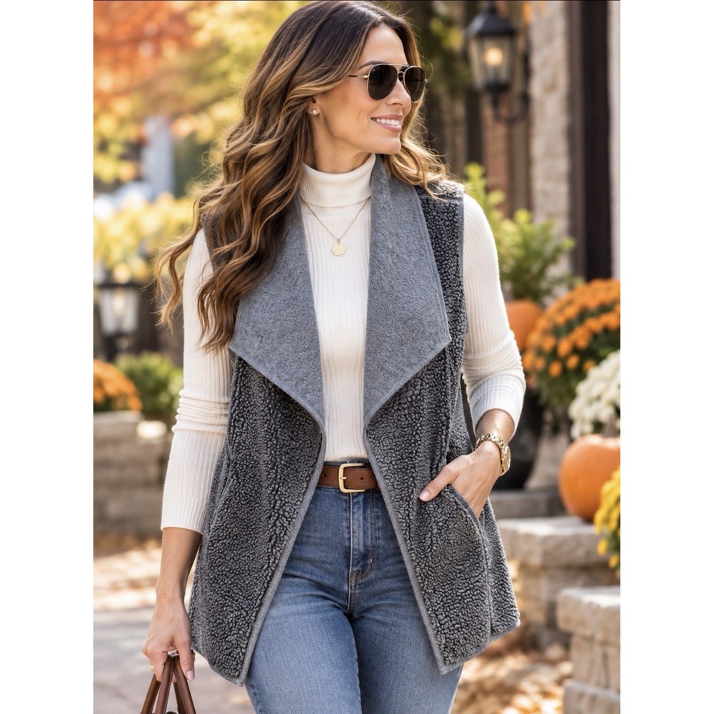 Tommy Bahama Reversible Sherpa Fleece Open Front Vest Women's Small Gray Draped